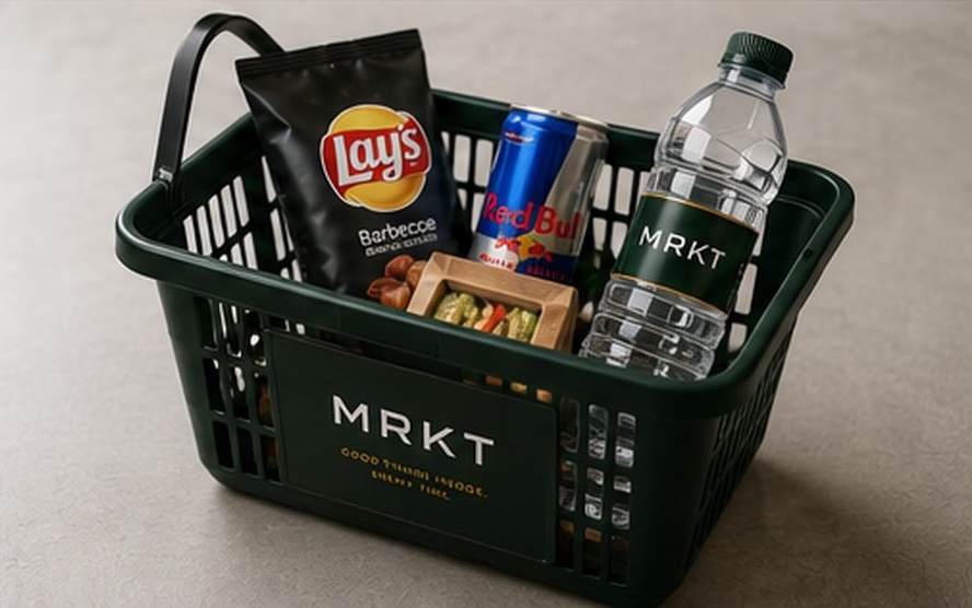 MRKT basket with snacks and essentials